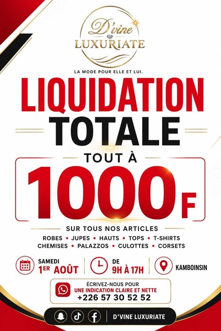 🔥 Liquidation Totale – Tout à 1 000 F chez D'Vine Luxuriate !