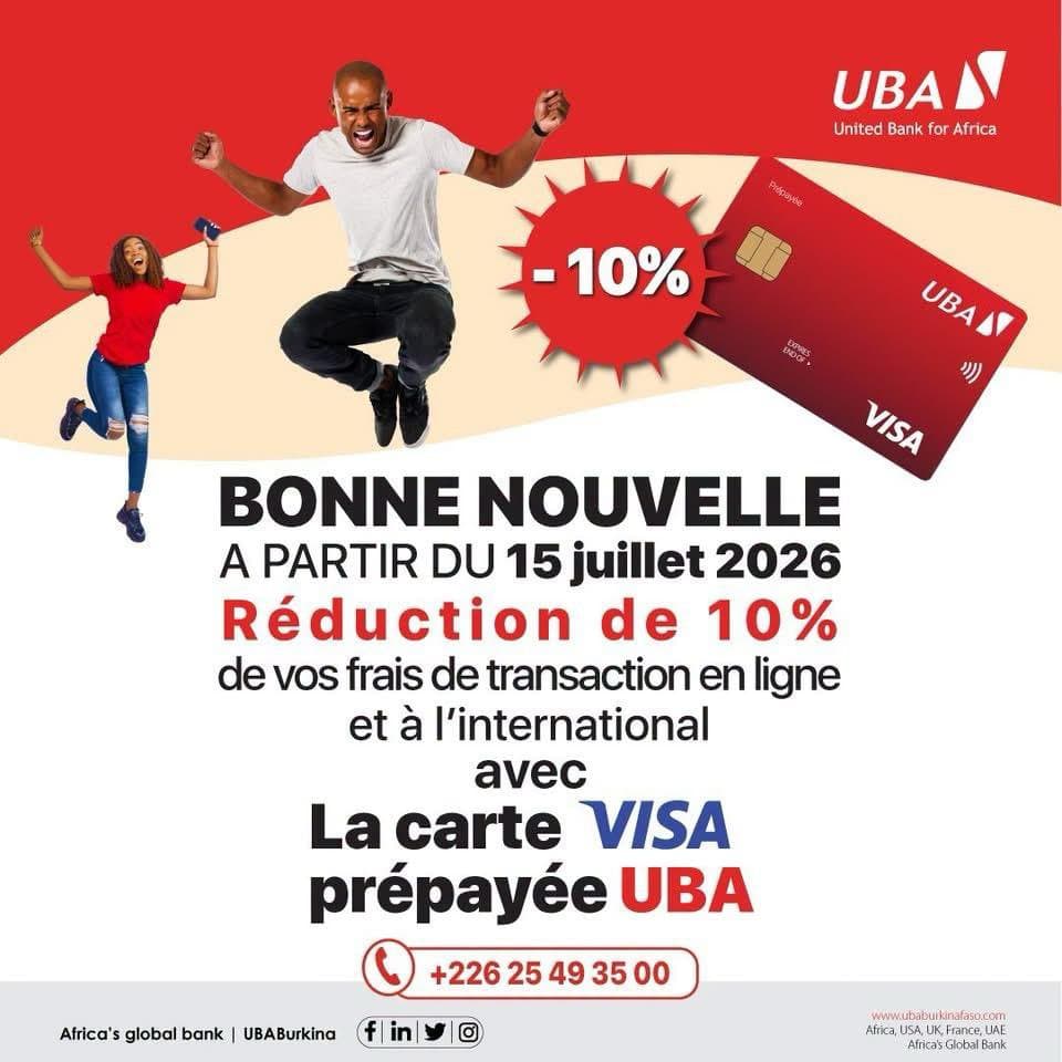 Réduction de 10% de vos transactions en ligne et à l'international avec la carte VISA prépayée UBA